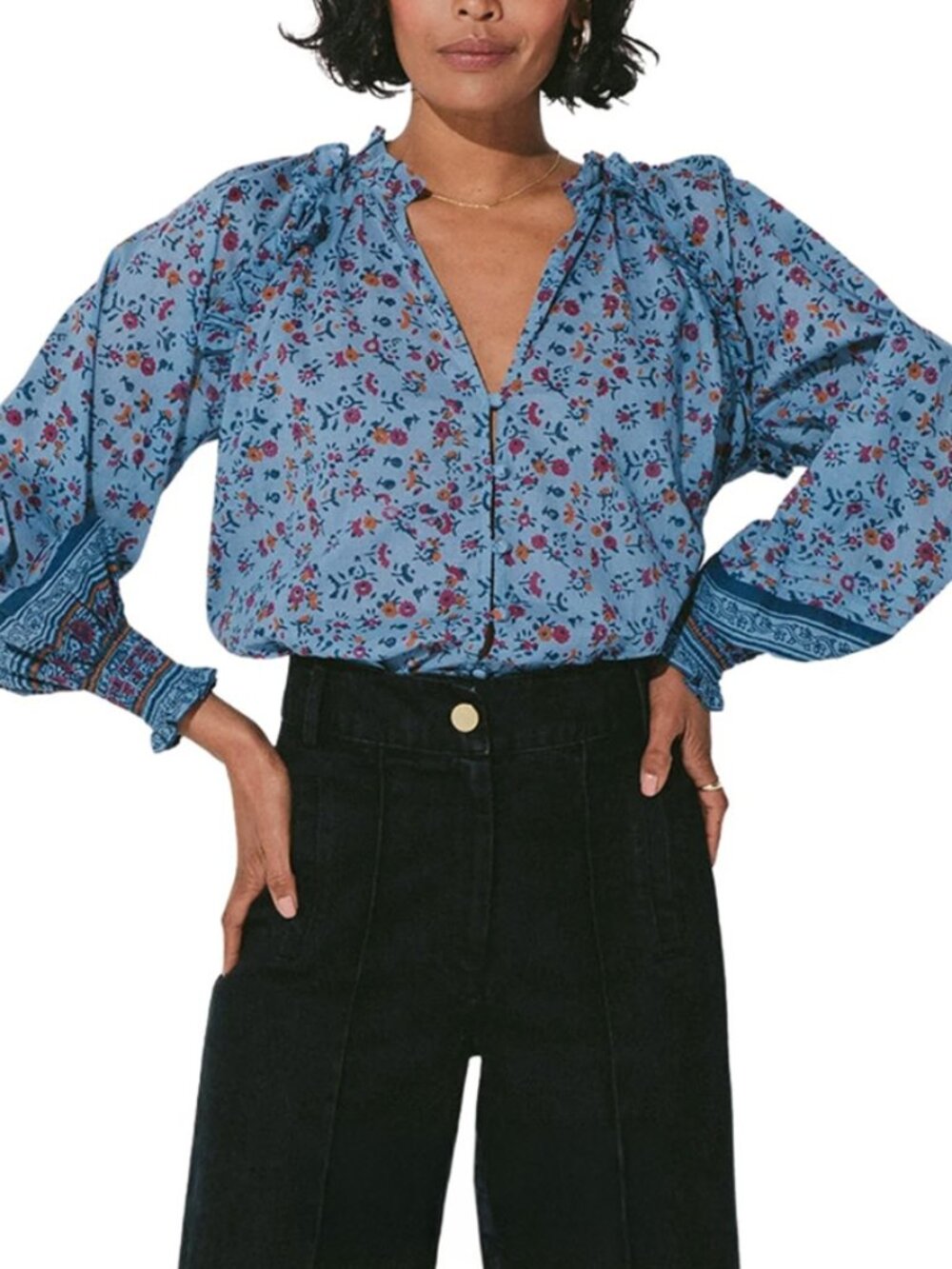 Cleobella Ariana Floral Blue Multi Boho Cotton Blouse Size M